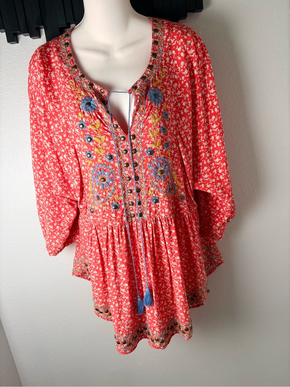 Ivy Jane Red Floral Embroidered Boho Peasant Tunic Womens Size L
